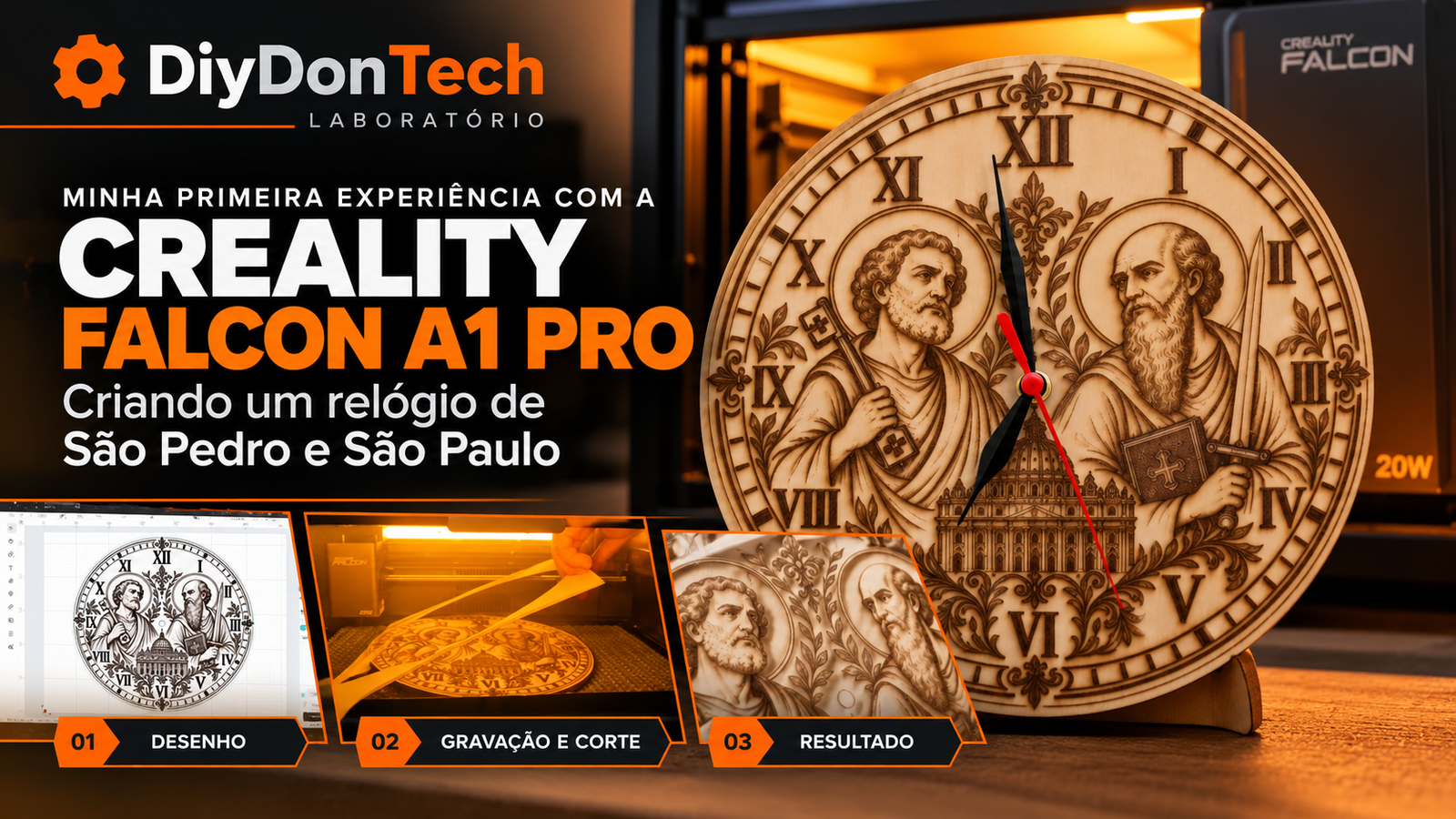 Creality Falcon A1 Pro – relógio de São Pedro e São Paulo gravado em madeira
